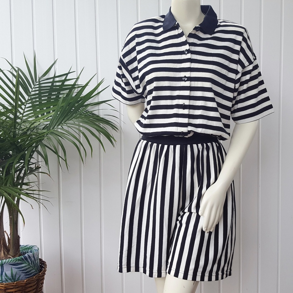 Vintage ROMPER Black and White Striped Sporty Polo